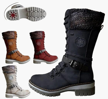 Damen Winter-Stiefeletten im Strick-Look mit Schnürung und Blockabsatz – Modische Outdoor-Boots für Herbst und Winter