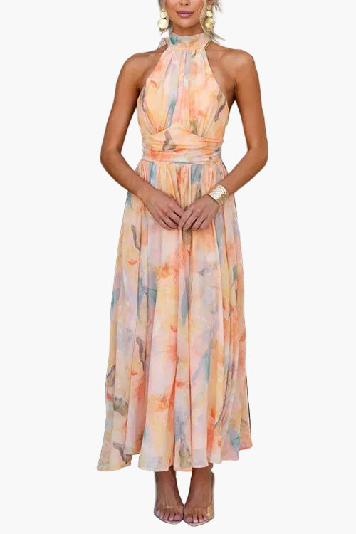 Damen Wasserfarben Maxikleid mit Neckholder – Elegantes Sommerkleid für besondere Anlässe