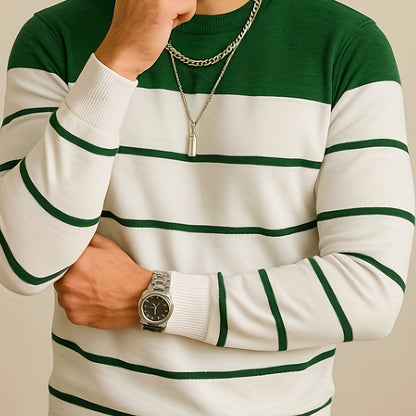 Herren Rundhals Pullover mit Blockstreifen und Rippbündchen