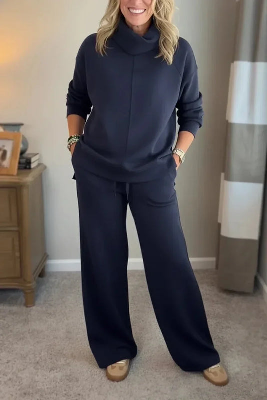 Damen Lounge Set Rollkragen Pullover & Weite Bein Hose Freizeitanzug