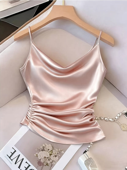 Damen Satin-Camisole mit Wasserfallausschnitt und Raffungen – Elegantes Oberteil für Abend und Party