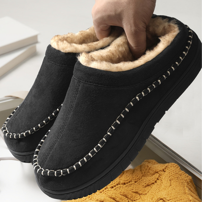 Unisex Winter Hausschuhe gefüttert mit weichem Innenfutter, in Mokassin-Optik, Braun & Schwarz