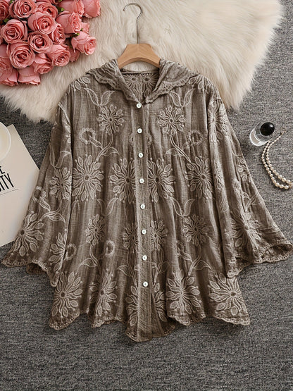 Damen Bluse Langarm mit Kapuze, Besticktes Blumenmuster, Knopfleiste