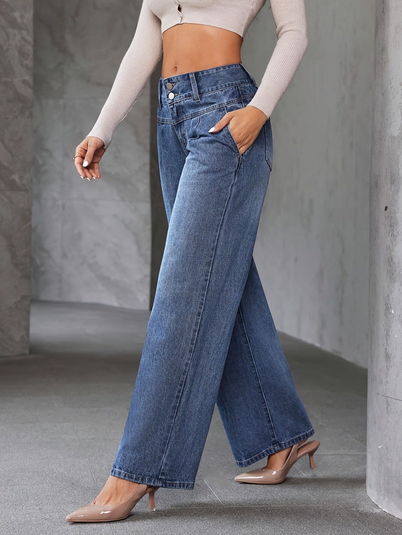 Damen Weitbein Jeans High Waist Elegant Freizeitmode