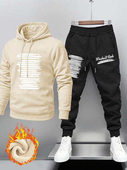 Hoodie und Jogginghose Set für Herren mit Druck und Kapuze, gefütterter Trainingsanzug