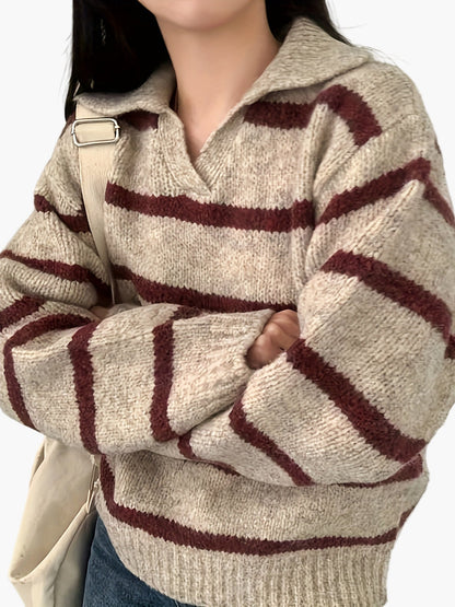 Damen Strickpullover mit Streifenmuster und Polokragen – Eleganter Herbst/Winter Sweater