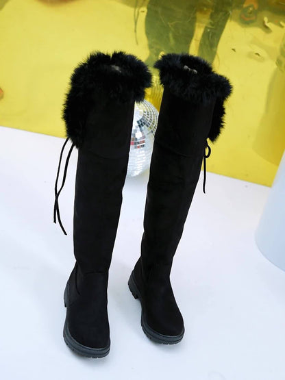 Damen Overknees Stiefel Schwarz mit Plüschbesatz Schnürung Blockabsatz
