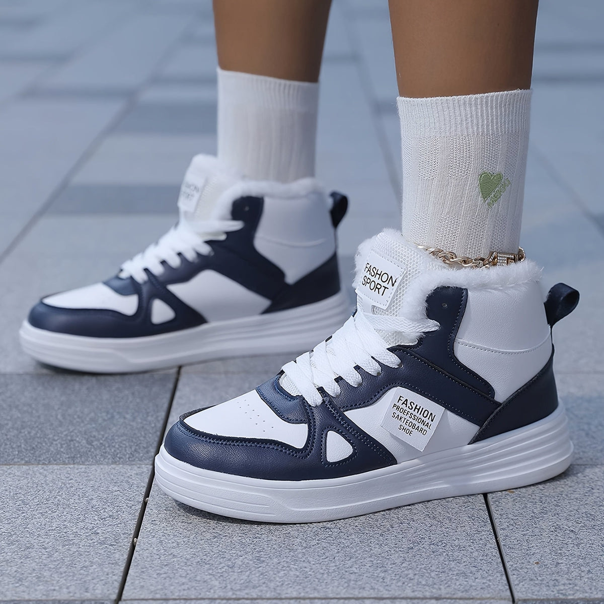 Unisex Sneaker High-Top Winterfutter Weiß-Dunkelblau