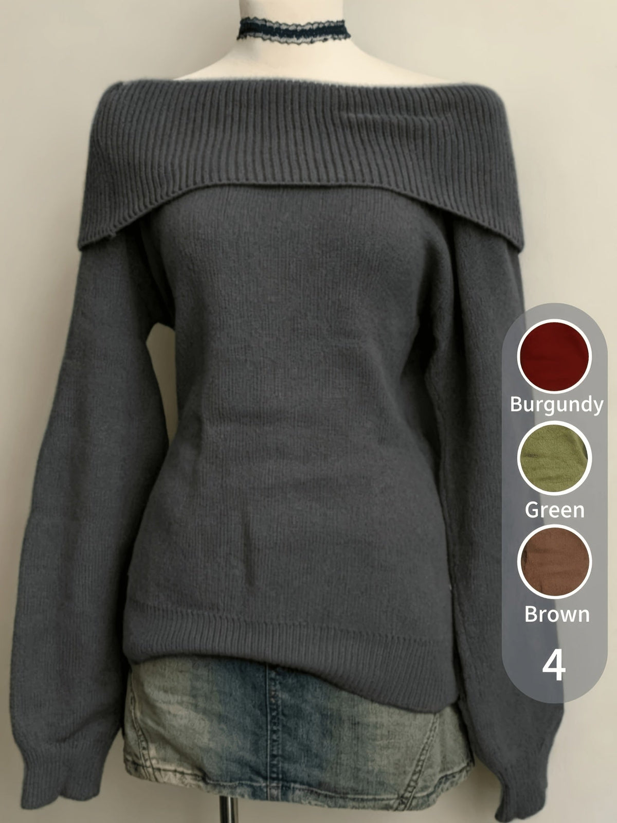 Damen Schulterfreier Pullover mit breitem Rippkragen – Lockere Passform, verschiedene Farben
