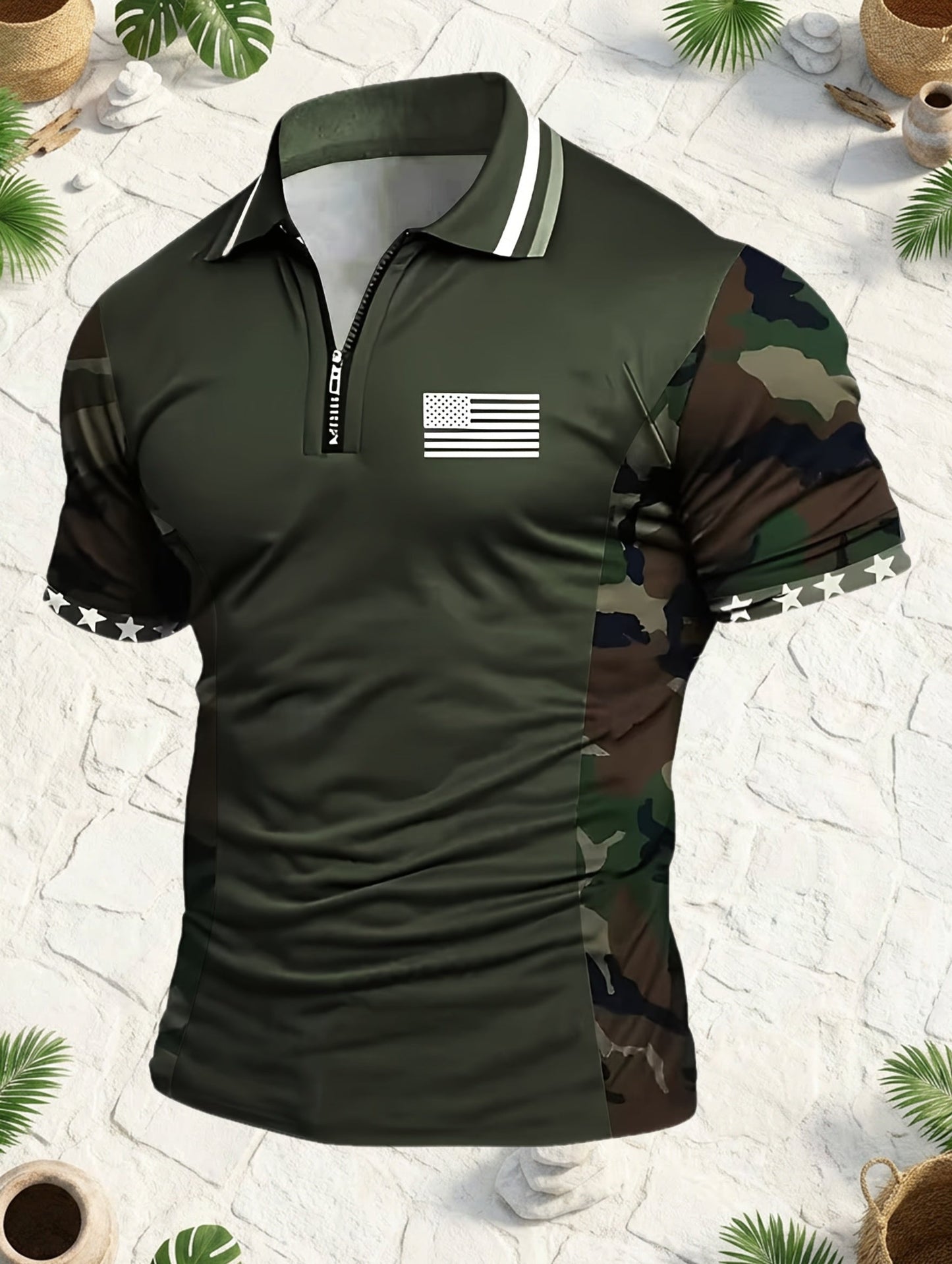 Herren Polo-Shirt mit Tarnmuster und Flaggen-Design, sportlich, Viertelreißverschluss, Outdoor-Stil