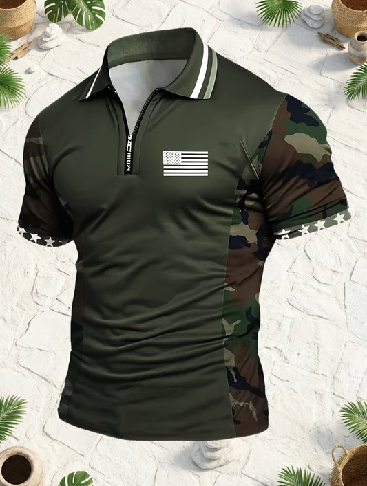 Herren Polo-Shirt mit Tarnmuster und Flaggen-Design, sportlich, Viertelreißverschluss, Outdoor-Stil