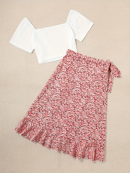 Damen Zweiteiler Set – Romantisches Sommer-Outfit mit Bluse und Wickelrock, ideal für Freizeit und Urlaub