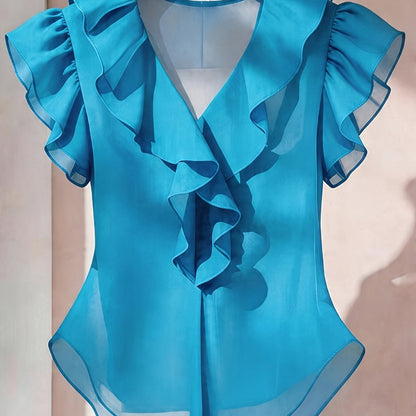 Damen Rüschenbluse mit V-Ausschnitt und Volantärmeln – Elegante Chiffonbluse für Büro und besondere Anlässe