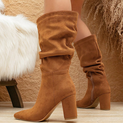 Damen Stiefel Navyblau mit Blockabsatz und spitzer Zehe, kniehoch gerafft