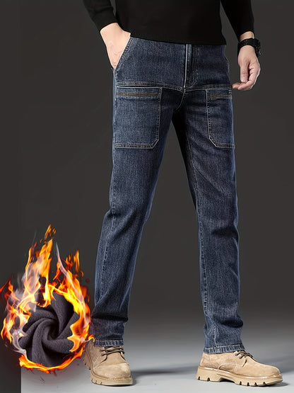 Herren Winter Jeans Hose gefüttert mit Cargotaschen Schwarz