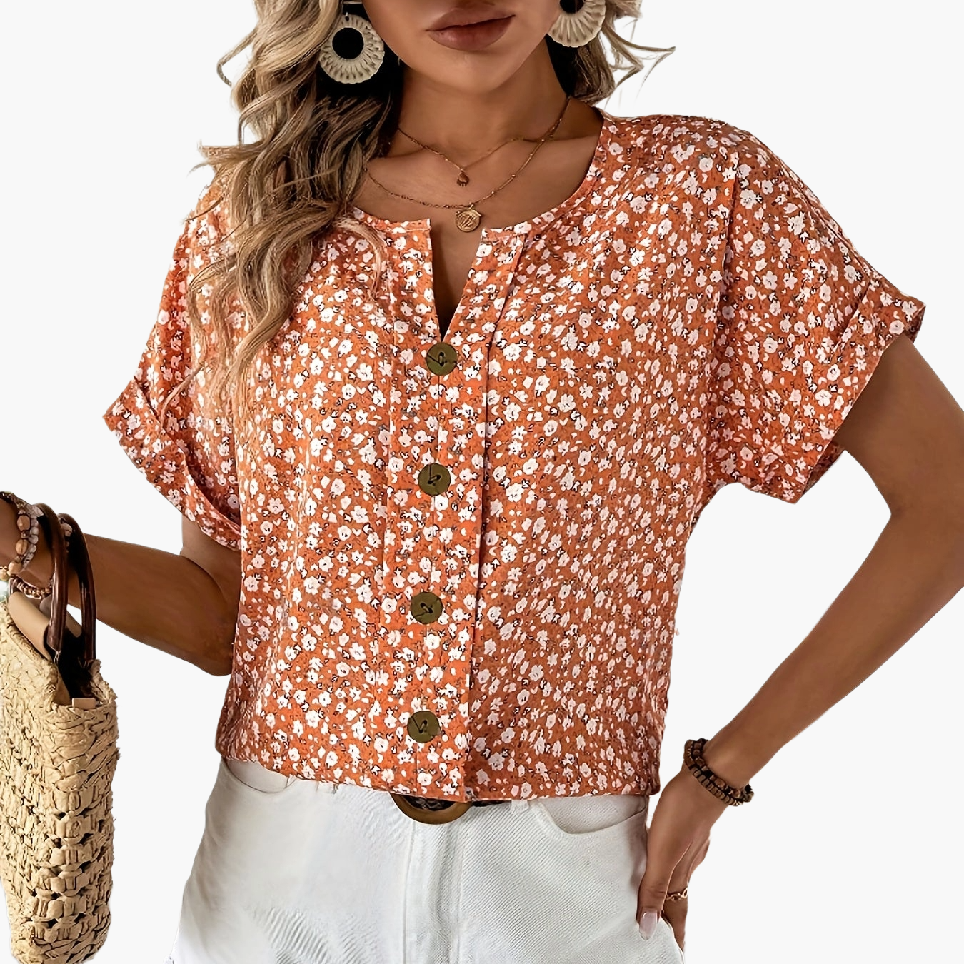 Damen Bluse mit Knopfleiste – Sommerlicher Blumenprint, Kurzarm, Eleganter Freizeit-Look