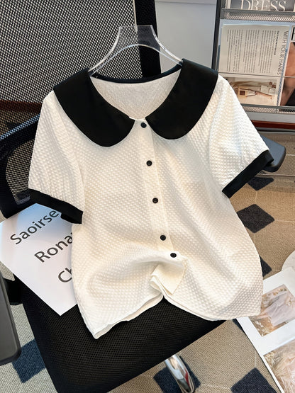 Damen Bluse mit kontrastierendem Kragen im Vintage-Stil – Elegante Freizeitmode für Büro und Alltag