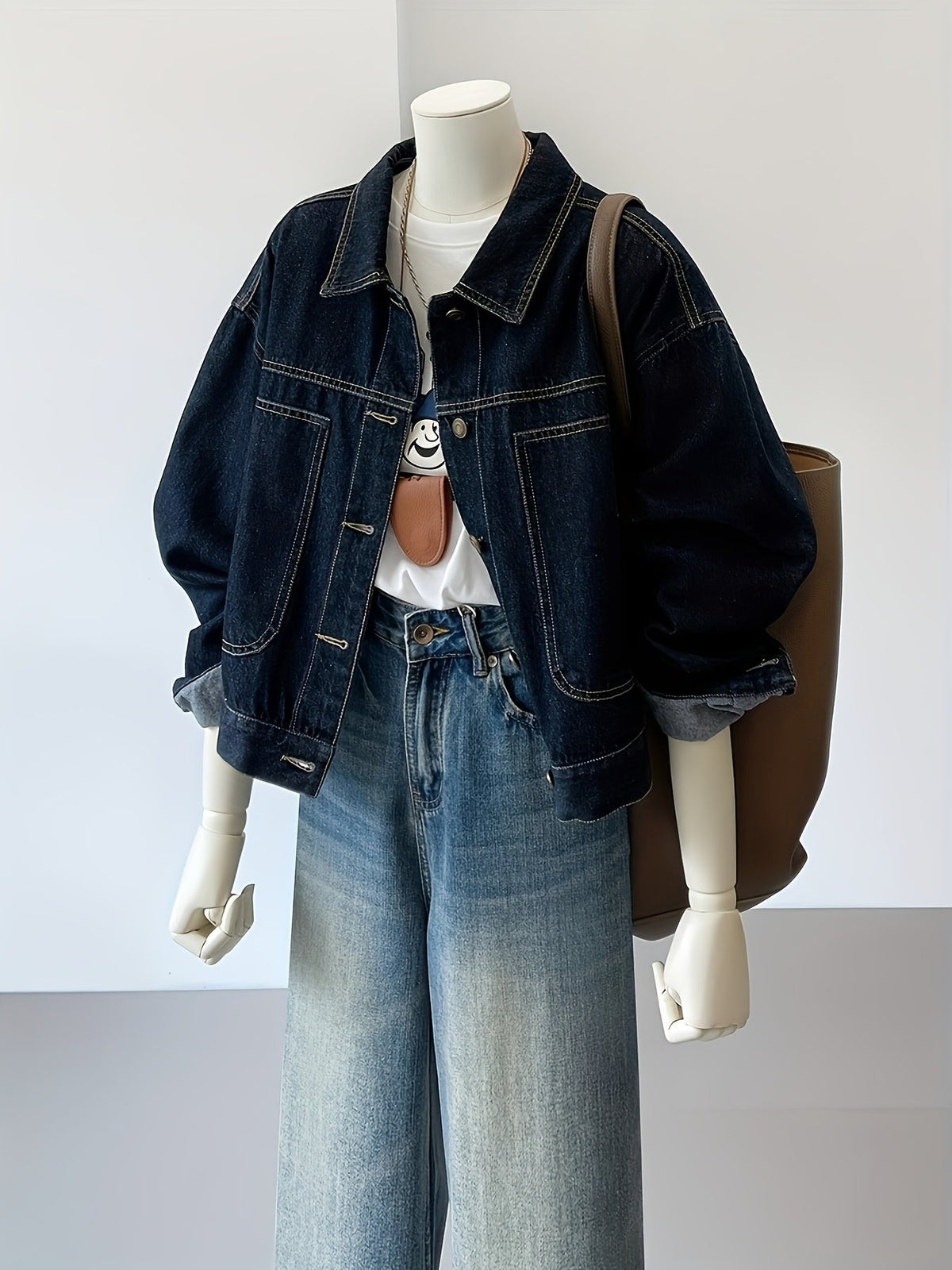 Damen Jeansjacke Dunkelblau Oversize-Schnitt Knopfleiste