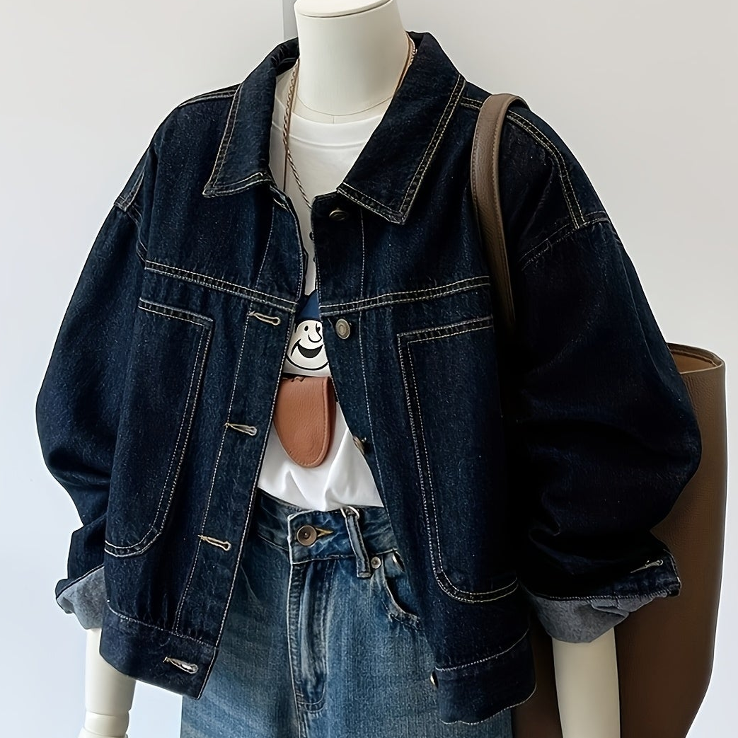 Damen Jeansjacke Dunkelblau Oversize-Schnitt Knopfleiste
