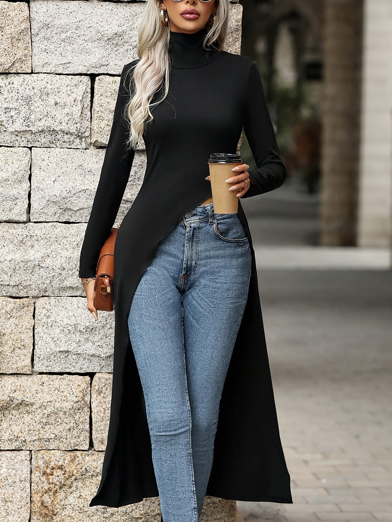 Damen Rollkragen Langarmshirt Schwarz Asymmetrischer Saum Hoher Schlitz