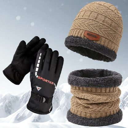 Winter Set Mütze Schal Handschuhe – Strickmütze Beanie Loop-Schal Sport Handschuhe warm gefüttert