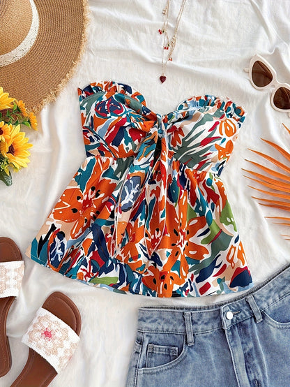 Damen Bandeau Crop Top mit Knotendetail und Blumenmuster – Sommerliches Freizeit- und Strand-Outfit
