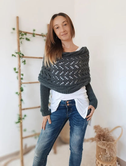 Gestrickter Bolero Damen Wickelpullover mit Ärmeln und Lochmuster