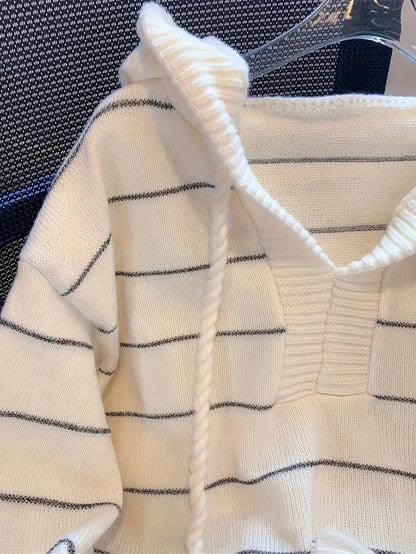 Damen Strickpullover mit Kapuze, gestreift, Cremeweiß