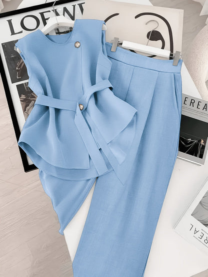 Damen Business Zweiteiler Set – Elegantes Asymmetrisches Top mit Gürtel und Weite Hose für Büro & Alltag