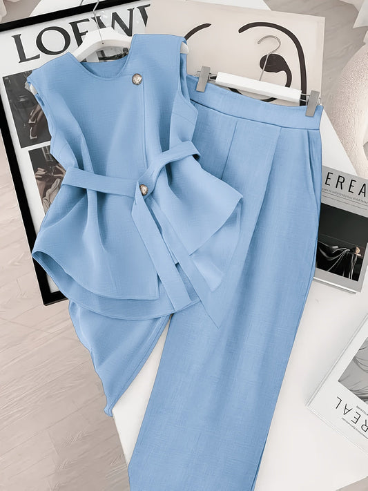 Damen Business Zweiteiler Set – Elegantes Asymmetrisches Top mit Gürtel und Weite Hose für Büro & Alltag