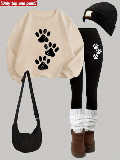 Damen Sweatshirt & Leggings Set mit Pfotenabdruck-Print, Langarm Oberteil und Hose