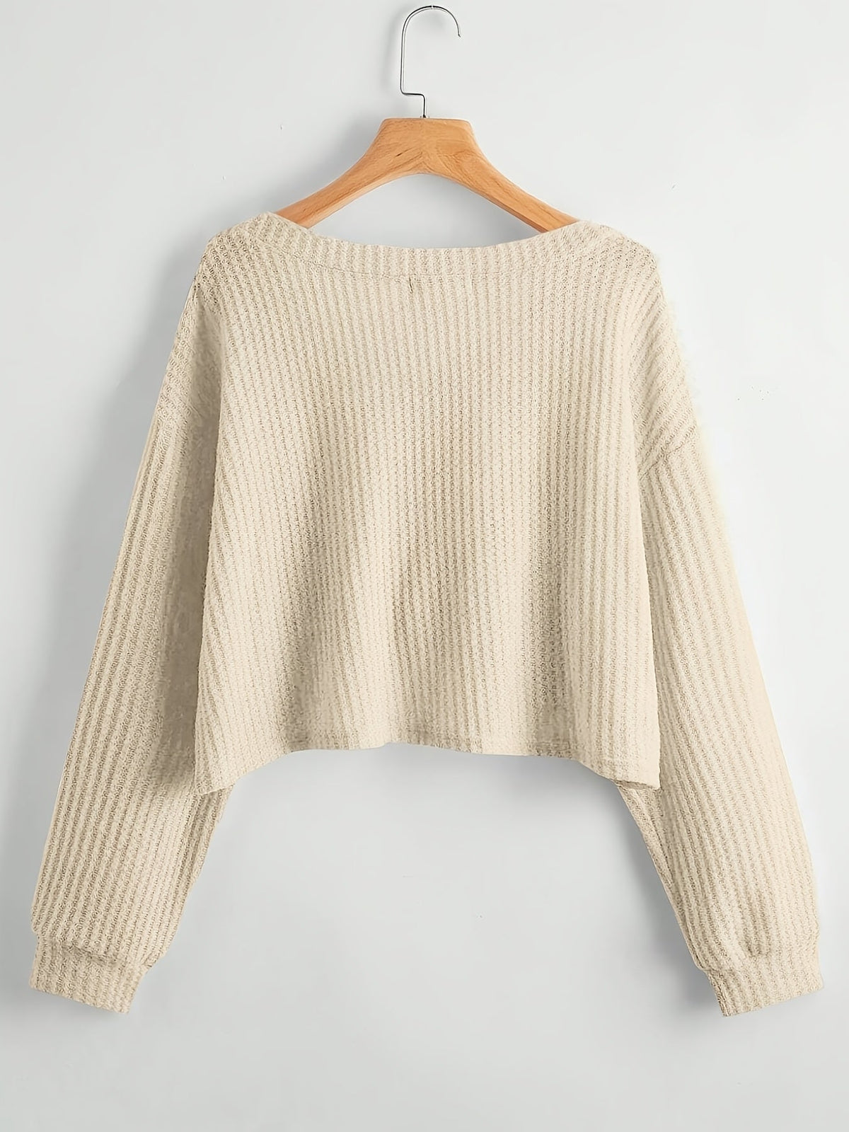 Damen Crop Pullover V-Ausschnitt Langarm Waffelstruktur Schwarz
