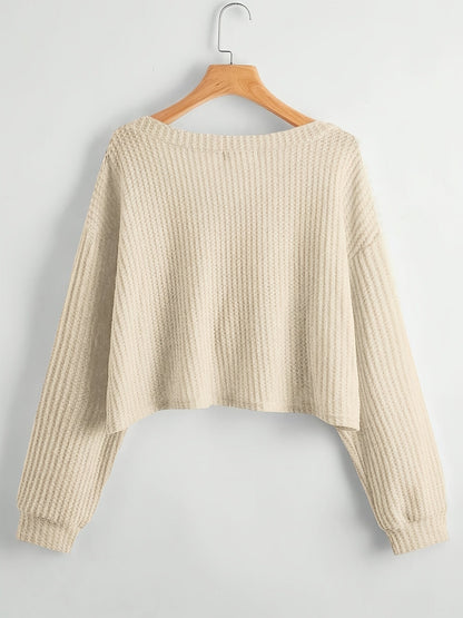 Damen Crop Pullover V-Ausschnitt Langarm Waffelstruktur Schwarz