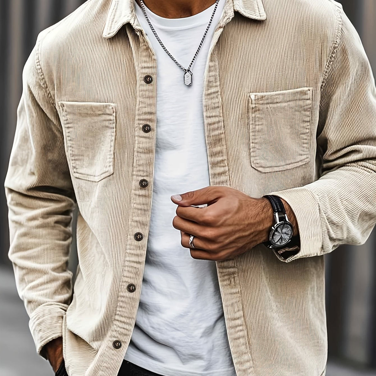 Herren Cordhemd Overshirt mit zwei Brusttaschen Langarm Freizeithemd