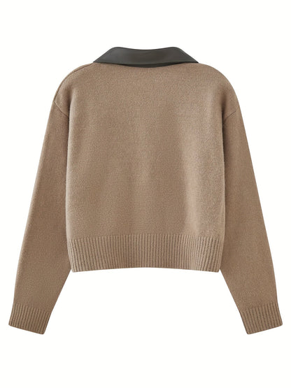 Damen Strickjacke kurz mit Kragen Reißverschluss Beige