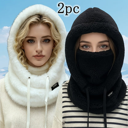 Fleece Kapuzen-Halstuch mit Gesichtsbedeckung und Kordelzug, Winter Schal Mütze Halswärmer Set