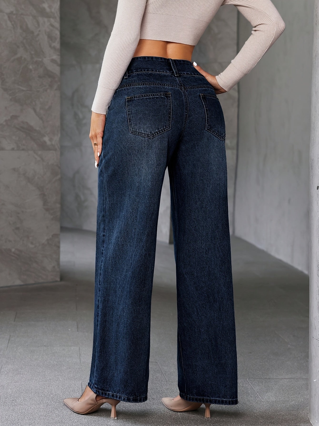 Damen Weitbein Jeans High Waist Elegant Freizeitmode