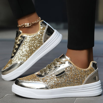 Damen Glitzer Sneaker für Alltag und Party – Modische Freizeitschuhe mit Plateau und Glanz-Effekt