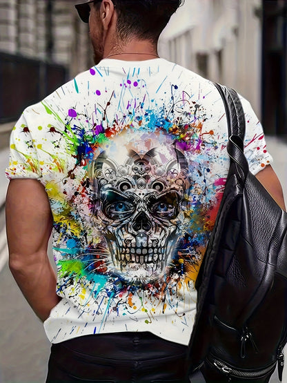 Herren T-Shirt mit Totenkopf und Farbklecks Design – Urban Streetwear, Kurzarm, Plus Size