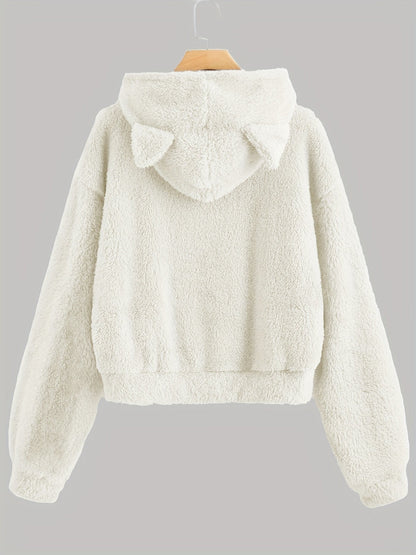 Fleece Hoodie mit Katzenohren und Tasche, flauschig, Grau