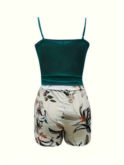 Damen Sommer-Set – Eleganter Jumpsuit mit Blumenmuster und Taillengürtel, Ideal für Freizeit und Urlaub