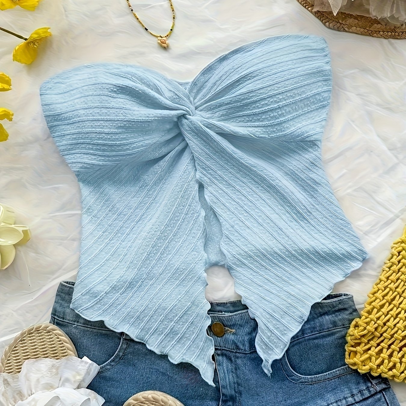 Damen Bandeau Oberteil mit Schleifen-Design und asymmetrischem Saum – Trendiges Party- und Freizeit-Top