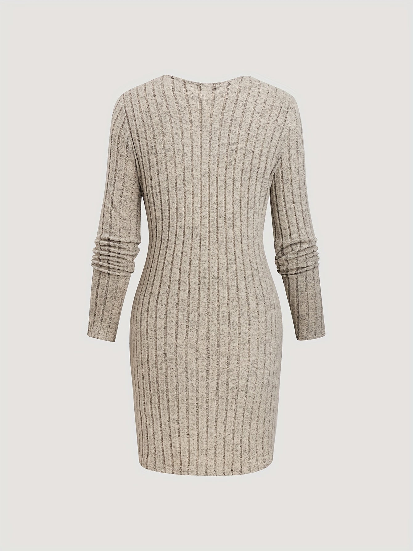 Damen Rippstrick Etuikleid mit V-Ausschnitt und Knöpfen Beige