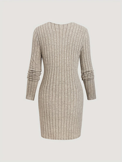 Damen Rippstrick Etuikleid mit V-Ausschnitt und Knöpfen Beige