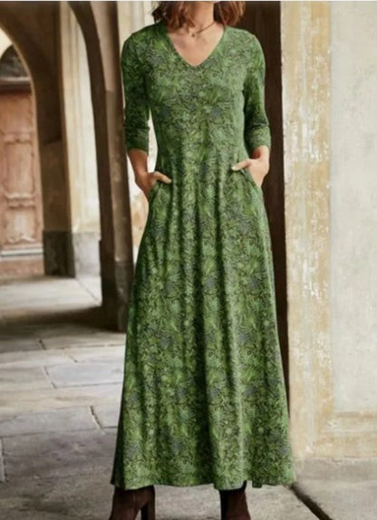 Damen Boho-Maxikleid mit V-Ausschnitt & 3/4-Ärmeln – Lässige Eleganz für Alltag & Freizeit