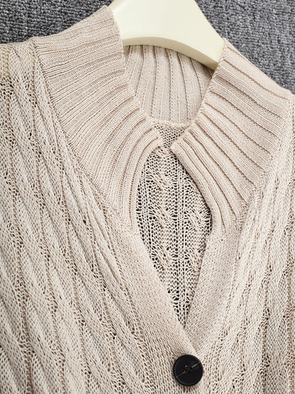 Langes Strickgilet Damen Ärmellos V-Ausschnitt Knopfleiste Zopfmuster