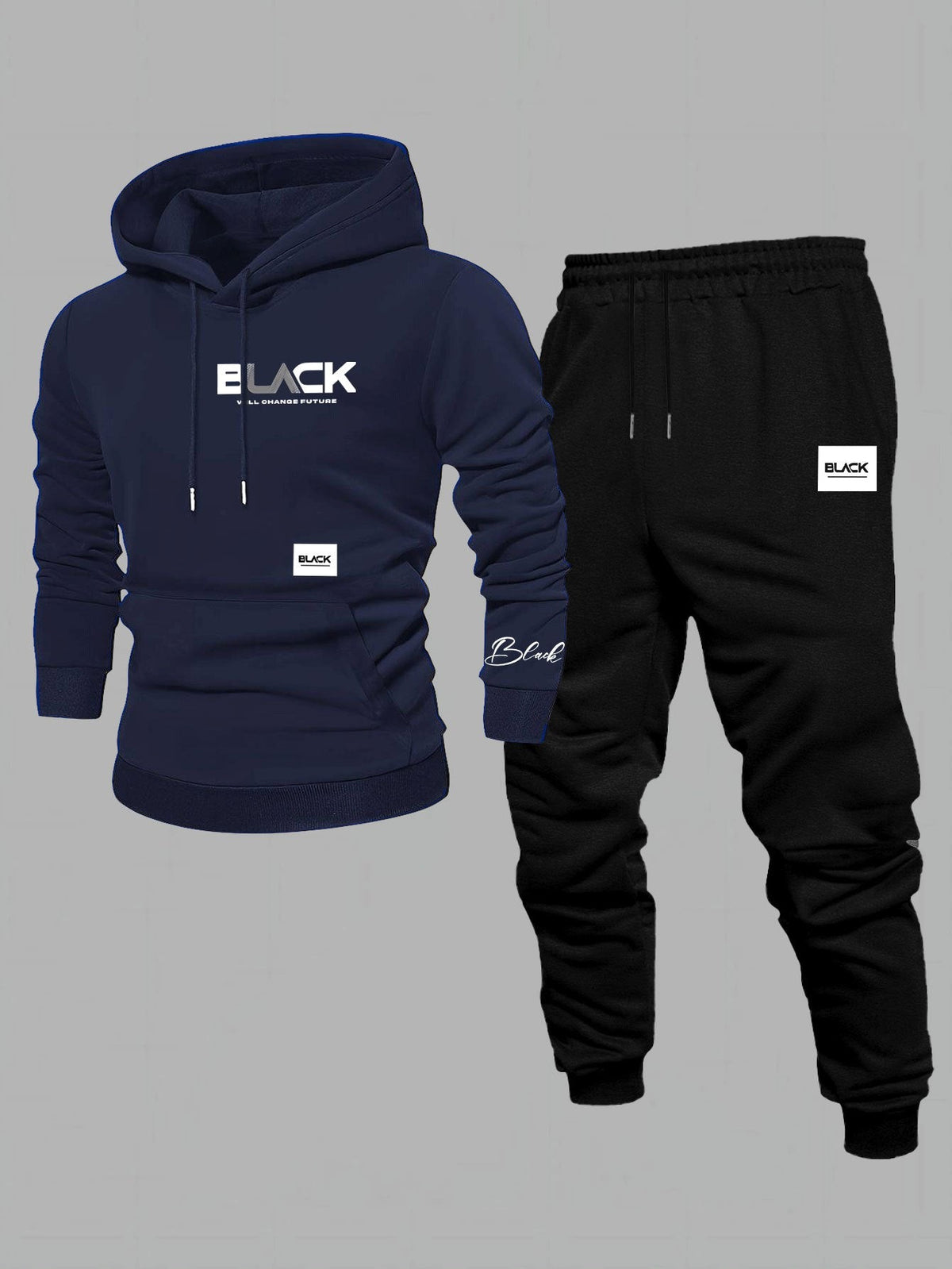 Unisex Trainingsanzug Hoodie & Jogginghose Set Schwarz mit Aufdruck