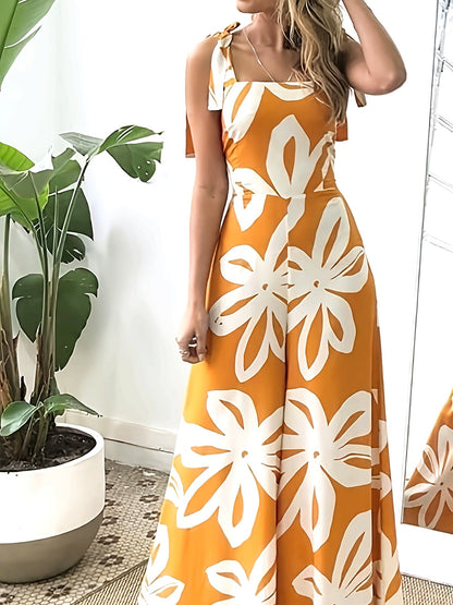 Damen Sommer Maxikleid Elegant mit Blumenmuster und Schleifen-Trägern – Perfekt für Urlaub, Gartenparty & Alltag