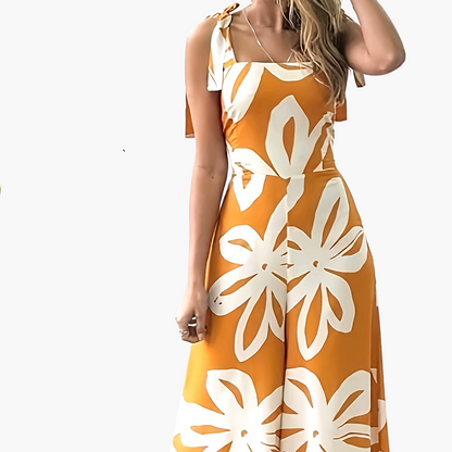 Damen Sommer Maxikleid Elegant mit Blumenmuster und Schleifen-Trägern – Perfekt für Urlaub, Gartenparty & Alltag