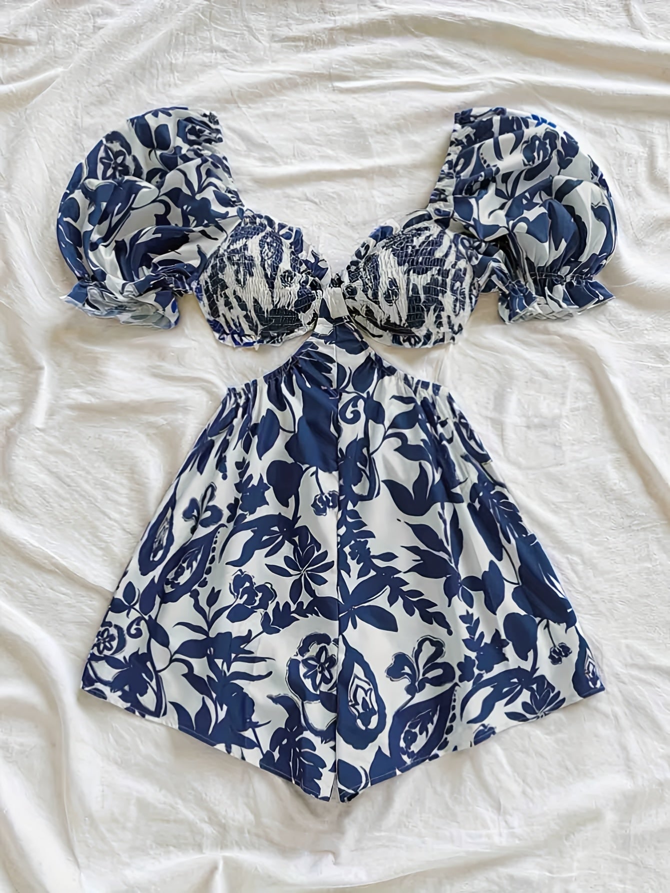 Damen Sommer Jumpsuit mit Tropenblatt-Print und Puffärmeln – Perfekt für Urlaub, Strand und Gartenparty
